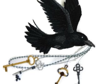 Flying Raven with Skeleton Keys Embroidered Iron on/Sew patch [5.81" X 8.63"]