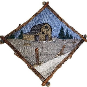 May include: Embroidered patch featuring a brown farmhouse with a white roof and a blue sky background. The farmhouse is surrounded by trees and a fence. The patch is framed with a brown wooden border.