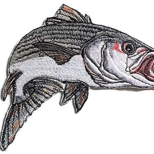 May include: A detailed embroidered patch of a striped bass fish with an open mouth, in shades of grey, white, and red.