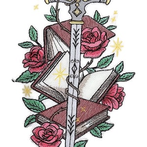 May include: Embroidered patch featuring a silver sword entwined with vines, roses, and open books. The design includes red roses, green leaves, and gold accents, with a white background. The patch has a fantasy or literary theme.