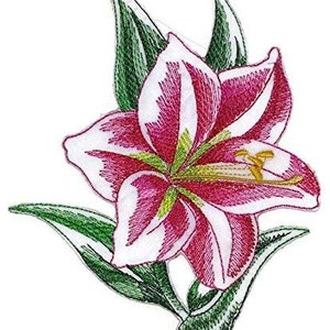May include: Embroidered iron-on patch featuring a pink and white lily with green leaves.