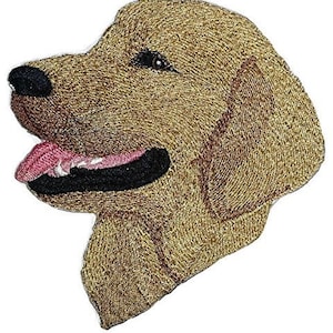 May include: Embroidered patch of a golden retriever dog's head with a pink tongue sticking out. The patch is perfect for adding a touch of canine charm to clothing, bags, or other accessories.