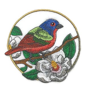 Bird In Circle Painted Bunting and Magnolia Circle Embroidered Iron on/Sew patch [5&quot; X 5&quot;]