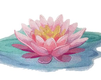 Soft and Serene Water Lily Embroidered Iron on/Sew Patch [12.68" x 6"]