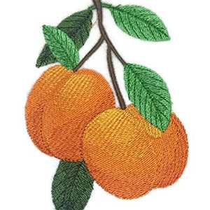 Puede incluir: Parche bordado de dos melocotones naranjas con hojas verdes y un tallo.