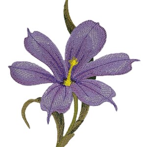 May include: A purple embroidered flower with a yellow center and green stems. The flower is a single bloom with five petals.