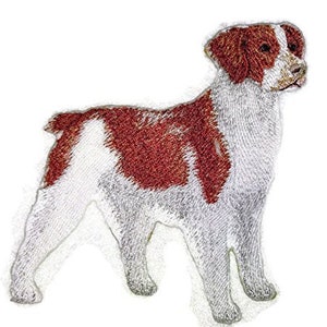 May include: Embroidered patch of a white and brown Brittany dog standing with its head turned to the right.