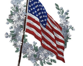 Custom and Unique Patriotic (Flag and Blooms ) Embroidered Iron on/Sew Patch [ 6.85"(w) x 9.94"(h) ] [Made in USA]
