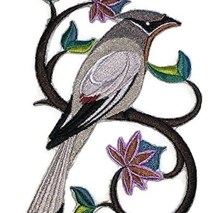 Single Perching Pretty Cedar Waxwing Bird Embroidered patch [4.2&quot; X 6&quot;]