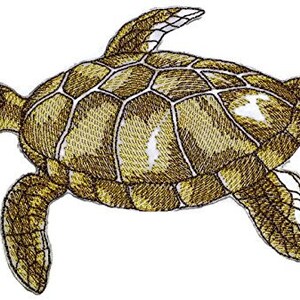 以下が含まれることがあります： 刺繍で詳細に描かれた茶色のウミガメ。カメは頭を伸ばしてひれを伸ばして泳いでいます。