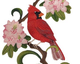 Parche bordado para planchar y coser de pájaro cardenal de Virginia Occidental y rododendro Beyond Vision (18 x 28 cm)