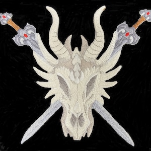 May include: White embroidered dragon skull with two crossed swords, the swords have red gems on the handles.