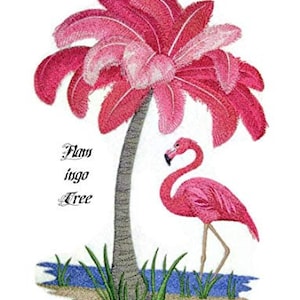 May include: Pink flamingo standing next to a pink palm tree with the text "Flamingo Tree" written below.