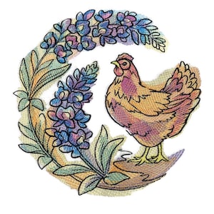 May include: Embroidered design of a brown chicken standing in a circle of blue and purple flowers with green leaves.