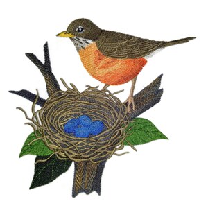 Embroidered Robin and Nest Patch: Iron-On/Sew-On Applique (7.41" x 6.9")