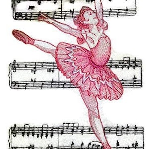May include: Pink ballerina embroidered patch with a pink tutu and a white background. The ballerina is dancing on a sheet of music.