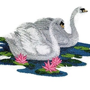 May include: Two white swans swimming in a pond with pink water lilies. The swans are facing each other and their necks are curved. The water lilies are in bloom and have pink petals.