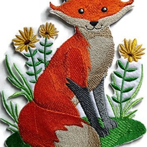 Fox With Flowers Embroidered Iron on/Sew patch [7.7" X 6"]