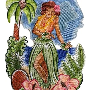 Hawaii retro hula meisje geborduurde opstrijk-/naaipatch [10"x 7"]