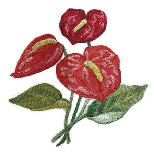 May include: Embroidered patch featuring three red anthurium flowers with green leaves. The flowers have a heart shape with a yellow center.