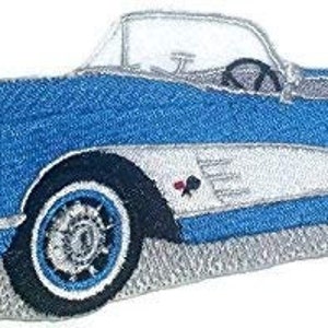 May include: A blue and white embroidered patch of a classic 1950s convertible sports car.