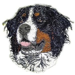 May include: Embroidered patch of a Bernese Mountain Dog with black, white and brown fur. The dog is looking to the right with its tongue sticking out.