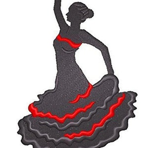Puede incluir: Silueta de una bailarina de flamenco con un vestido negro y rojo con volantes. La bailarina está en medio de una pose con un brazo levantado y el otro extendido hacia un lado.
