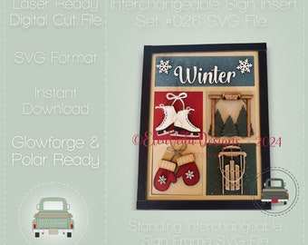 Puede incluir: Un archivo de corte digital para un conjunto de insertos de letrero intercambiables de invierno de estilo farmhouse. El conjunto incluye cuatro diseños diferentes: un copo de nieve, un par de patines de hielo, un árbol de Navidad y un trineo. El archivo está disponible en formato SVG y está listo para usar con Glowforge y Polar.