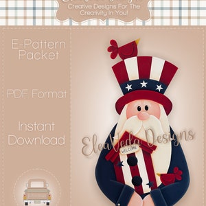 May include: A digital download pattern for a patriotic Americana-themed gnome holding a birdhouse. The gnome is wearing a red, white and blue hat with stars and a red bird on top. The gnome is holding a red, white and blue birdhouse with the word "WELCOME" on it. The gnome is also holding a red bird in its hand.