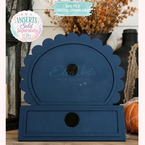 May include: A dark blue wooden display stand featuring a scalloped circular top section and a rectangular base, both with central circular cutouts. The surface displays the text EleaVeda DESIGNS, while a digital overlay reads SVG FILE DIGITAL DOWNLOAD.