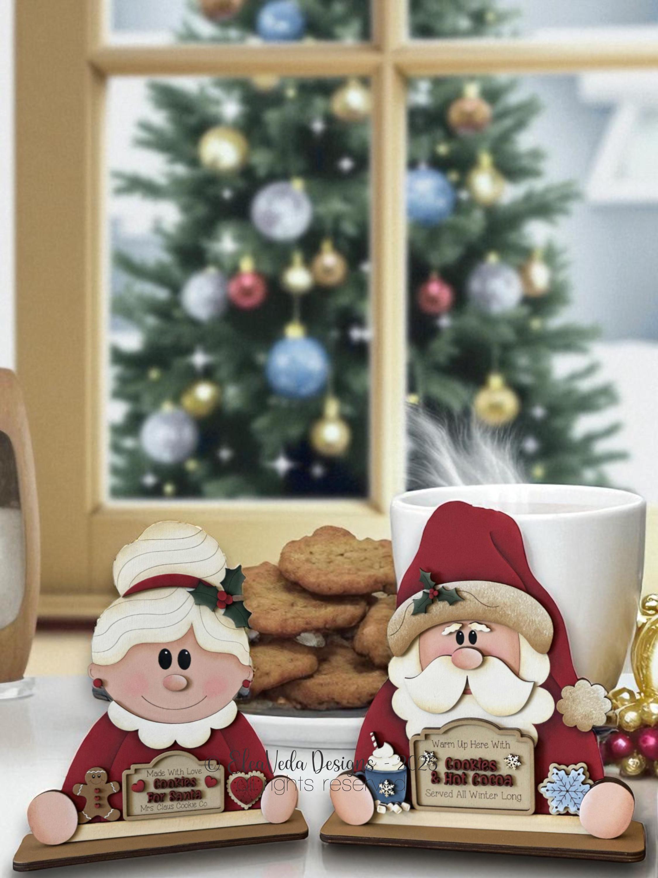 Paire De Pères Noël D'étagère En Bois - Mr. & Mrs. Santa Claus, 11 Pouces, Déco Noël