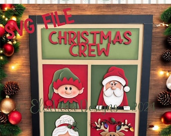 Puede incluir: Un diseño de tripulación navideña enmarcado con un esquema de color rojo, verde y marrón. El diseño presenta a Santa Claus, un elfo, un reno y una mujer con una rama de acebo en el pelo. El texto "Christmas Crew" se muestra en una fuente roja, verde y marrón.