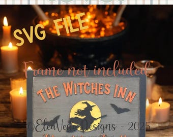 May include: A wooden sign with the text "THE WITCHES INN" and "Stay for a Spell". The sign features a silhouette of a witch flying on a broom in front of a yellow moon, with bats. The sign is a SVG file.
