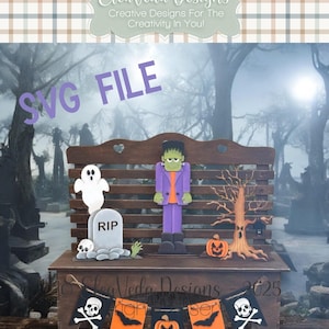May include: A wooden Halloween bench with decorative cutouts, including a Frankenstein's monster, ghost, tombstone, pumpkin, and a banner with skull and crossbones. The text "SVG FILE" is visible.