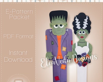 May include: A digital download pattern for a Frankenstein couple. The pattern includes a bride and groom dressed in a white wedding dress and a purple suit with orange shirt. The bride is holding a bouquet of flowers. The text "E-Pattern Packet", "PDF Format", "Instant Download", and "Elea Veda Designs" is included in the image.