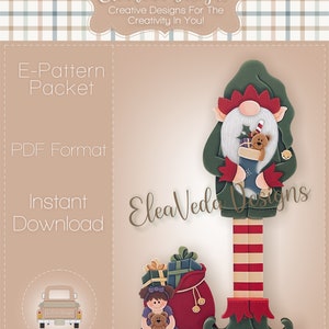 May include: A digital download pattern for a Christmas elf with a red and white striped body, green hat and shoes, and a bag of gifts. The elf is holding a stocking with a teddy bear and a gift inside. The pattern is in PDF format and includes a small girl with a teddy bear and a bag of gifts.