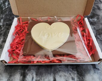 Chocolate Slab. Milk Chocolate base with White Chocolate Love  Heart.