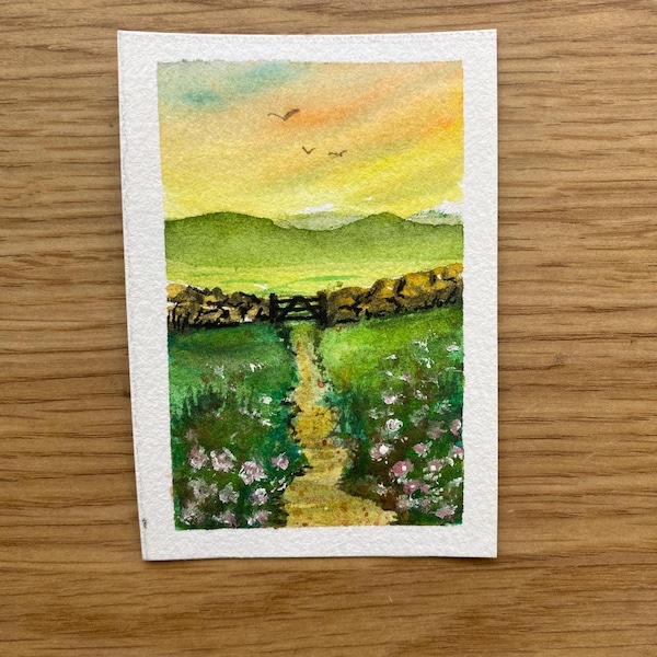 Original  ACEO summer sunset landscape Watercolour , Art Trading Card, mini art, Collectable art