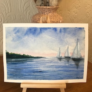 Seascape art ,ocean print, original painting, watercolour painting,boats on sea, home Decor, blue sea picture, Wall Art, living room art