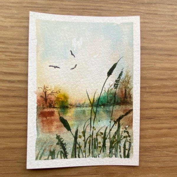 Original ACEO Watercolour Miniature, autumn  Landscape Painting, Art Trading Card, sunset art, Collectable art