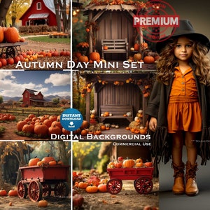 May include: A digital backdrop set featuring four autumn scenes. The scenes include a red barn, a pumpkin patch, a wooden gazebo with a bench, and a red wagon filled with pumpkins. The set is labeled "Autumn Day Mini Set" and "Digital Backgrounds Commercial Use".