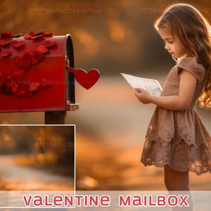 Può includere: Una cassetta delle lettere rossa decorata con cuori rossi, con una bambina in un vestito marrone in piedi di fronte ad essa, che tiene una lettera.