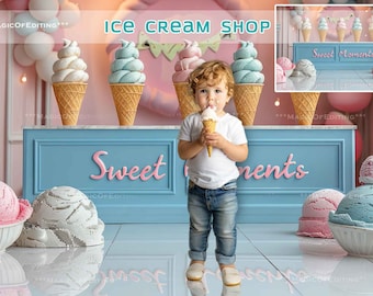 Ice Cream Shop, Pastel Digital, Digital Background, Summer Background, Digital Backdrop, Ice Cream, Vintage Background, Birthday Background
