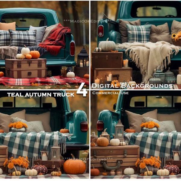 Beautiful Teal Vintage Truck in Autumn Fall Digital Background, Orchard Backdrop, Pumpkins, Candle, Facebook, Halloween, Template Composite