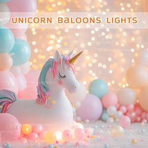 Unicornio rosa cumpleaños centelleo digital telón de fondo globo arco hada luz cumpleaños niño niña rosa superposición telón de fondo Photoshop compuesto