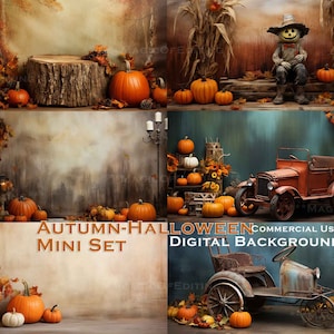 6 Vintage Trucks, Pumpkins, Halloween, Scarecrow in Studio, Digital Backdrop, Cakesmash, Autumn, Halloween, pet overlays, Spooky, Background