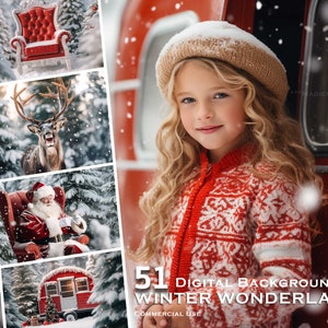 May include: A set of 51 digital backgrounds featuring a winter wonderland theme. The backgrounds include a red vintage camper, a red throne, a reindeer, Santa Claus, and a young girl wearing a red and white sweater. The backgrounds are perfect for adding a festive touch to your photos.