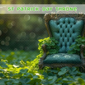 May include: A green velvet throne chair with gold accents sits in a field of green shamrocks. The chair is surrounded by lush greenery and the background is a blurred image of a forest.