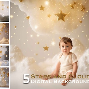 Estrellas y nubes, Fondo digital premium, Estudio, Sala blanca, Fondo de lujo, Compuesto, Hito, 1er cumpleaños, Recién nacido, Maternidad