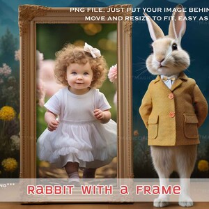 May include: A digital image frame with a gold frame and a white background. The frame is empty, but there is a rabbit wearing a brown jacket and a white bow tie standing in front of it. The rabbit is looking at the camera. The background is a blue and green landscape with flowers.